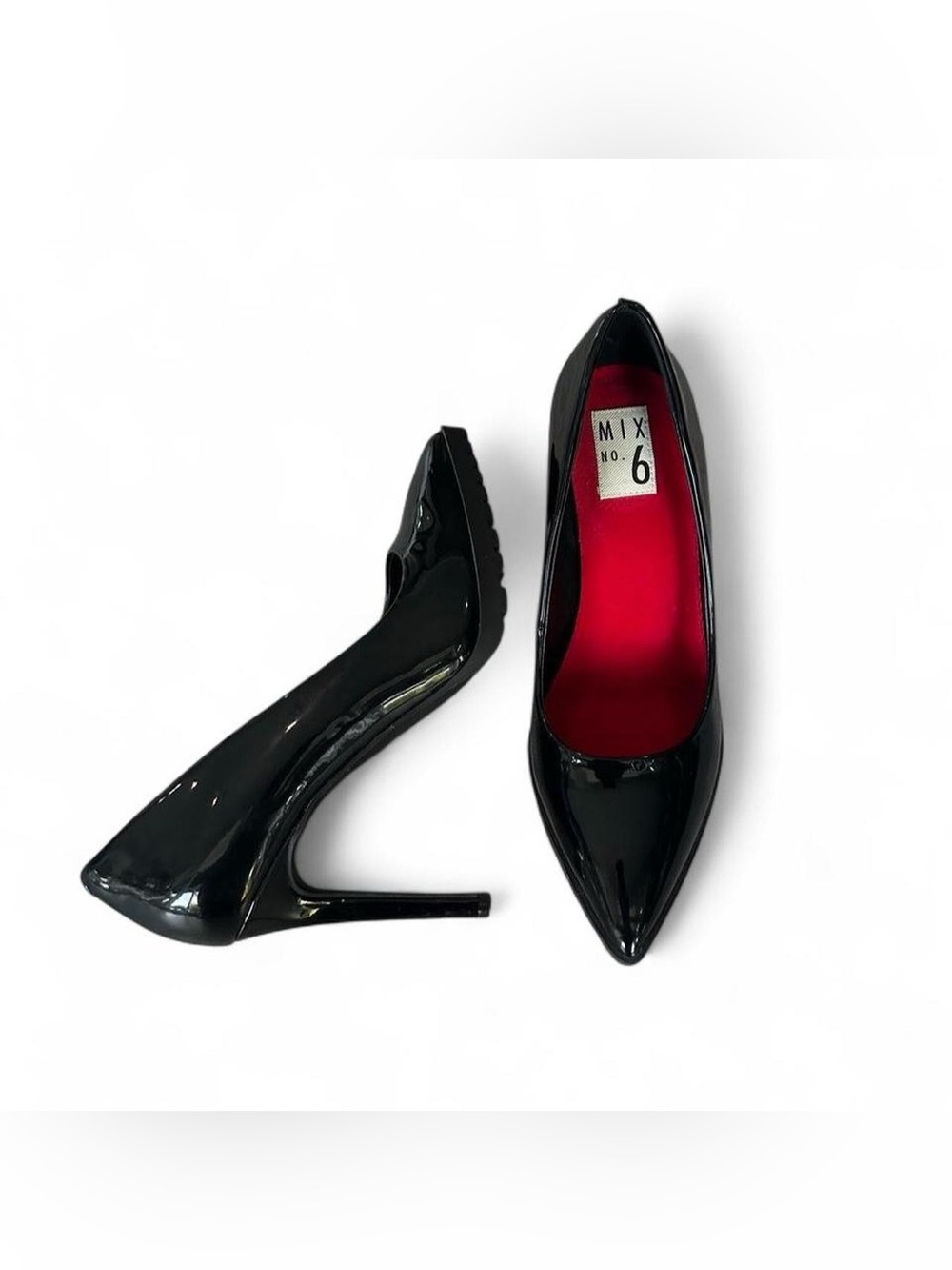 Mix No. 6 Black Patent Pointed-Toe Stiletto Pumps with Red Insole